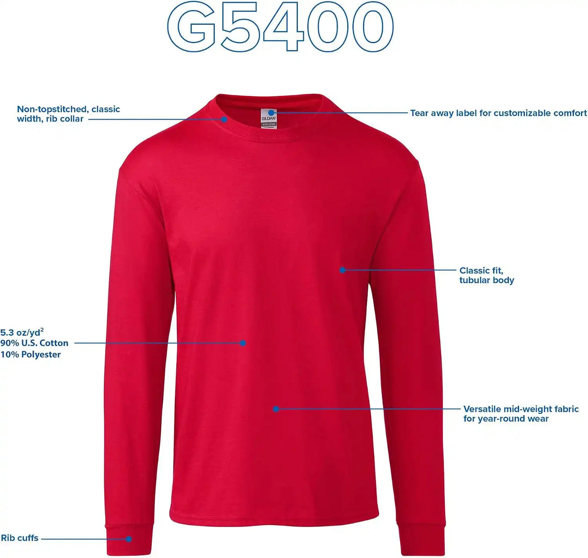 Gildan Adult Heavy Cotton Long Sleeve T-Shirt, Style G5400, 2-Pack